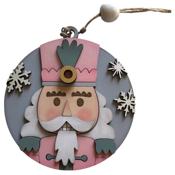 Whimsical Nutcracker Ornament - Pink, Gray & Green Hand Painted Wood - Picture 4 of 5